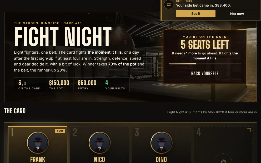 Fight Night: the card with money on each fighter